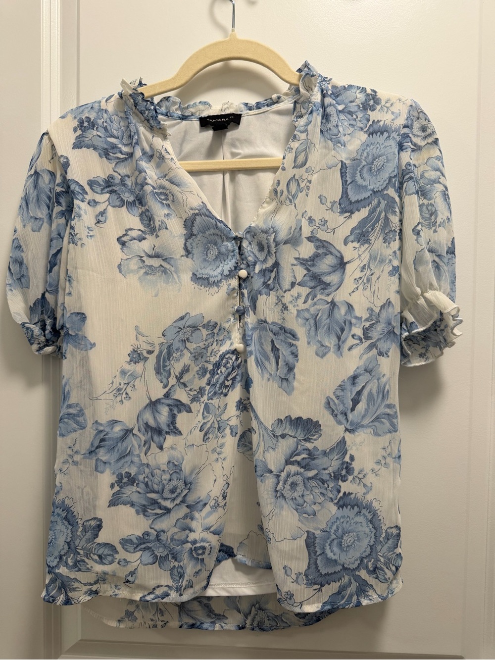 Blue Floral Short-Sleeve Blouse - Lightweight Women’s Top